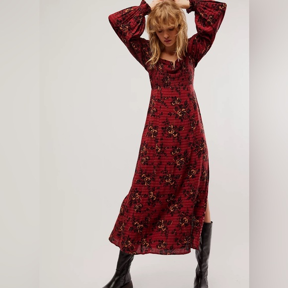 Free People Jaymes Midi Dress- Burgundy Combo - Picture 4 of 4